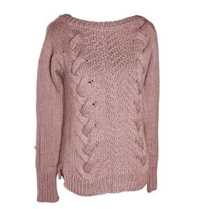 Handmade Chunky Cable Knit Boat Neck Sweater Dusty Rose Women's Size S Cozy READ